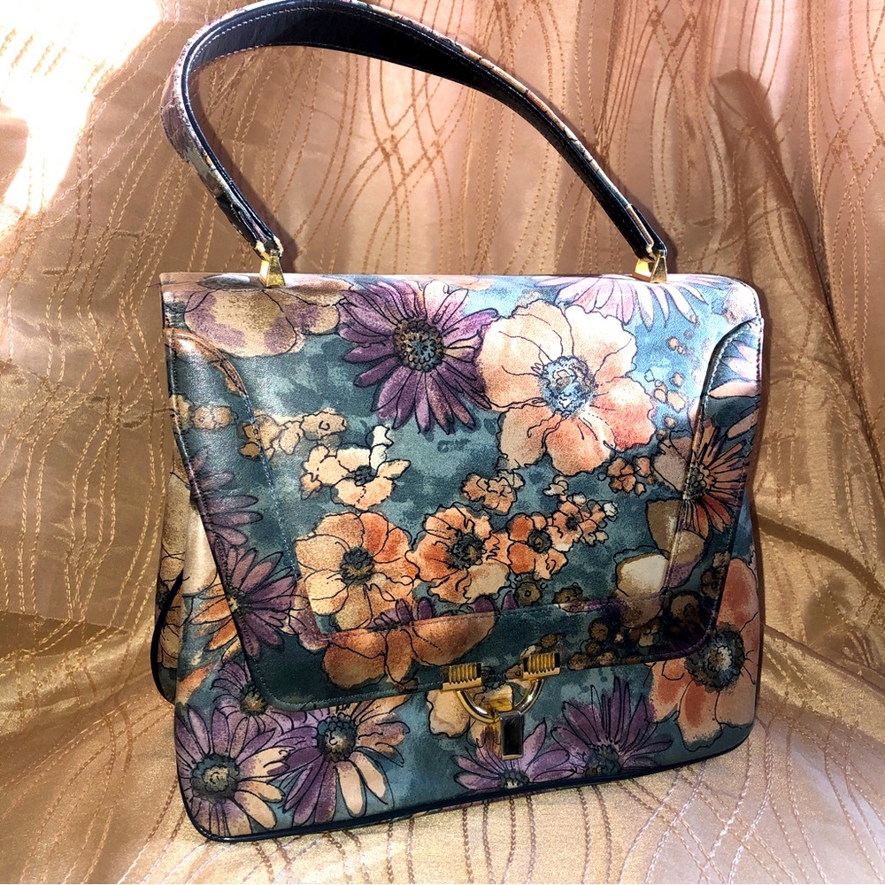 Bags by Varon vintage‎ leather hand painted flowers teal purple peach handbag